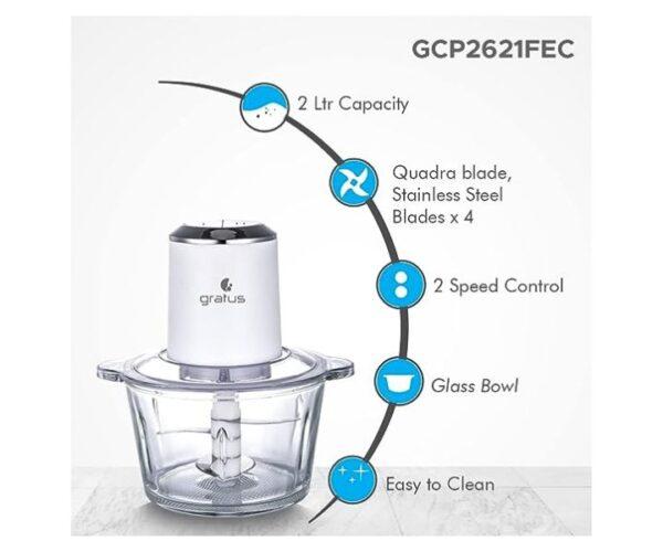 Gratus 2 Litres Hand Chopper With 2 Speed Control, Glass Bowl, Stainless Steel Blades X 4, White Model-GCP2621FEC | 1 Year Brand Warranty.